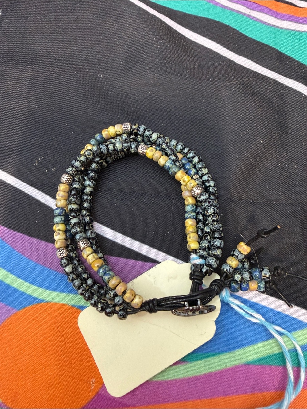 Hand Crafted Blue, Yellow and Silver Beaded Wrap Bracelet